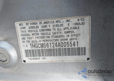 2004 Honda Accord 2.4 Dx z USA, uszkodzony, nr VIN 1HGCM56124A005541